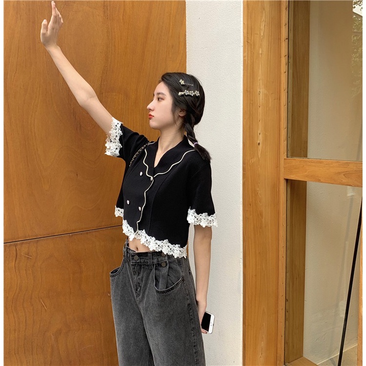 Áo Dệt Kim Ngắn Tay Cổ Búp Bê Phối Ren Lưng Cao Thời Trang