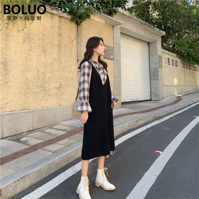 Bigsize M-4XL Set rời đầm sơ mi kẻ dài tay cổ nơ + yếm