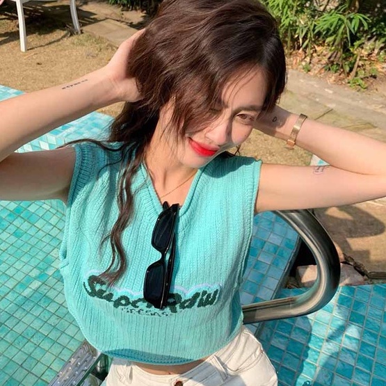 【ZHELIHANGFEI】 Áo Dệt Kim Không Tay Dáng Rộng Hở Rốn