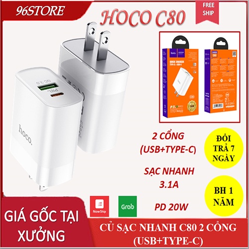 Cốc Sạc Nhanh HOCO c80 2 Cổng (USB+Type-C) 3.1A – Hàng Chính Hãng