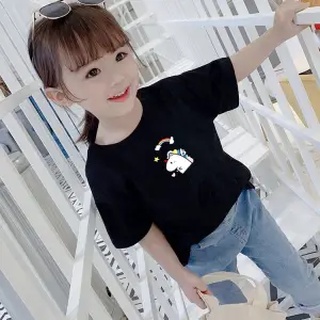 Áo Thun Cotton Ngắn Tay Dáng Rộng In Hoạt Hình Kỳ Lân Kiểu Hàn Quốc Dễ Thương Cho Bé Gái