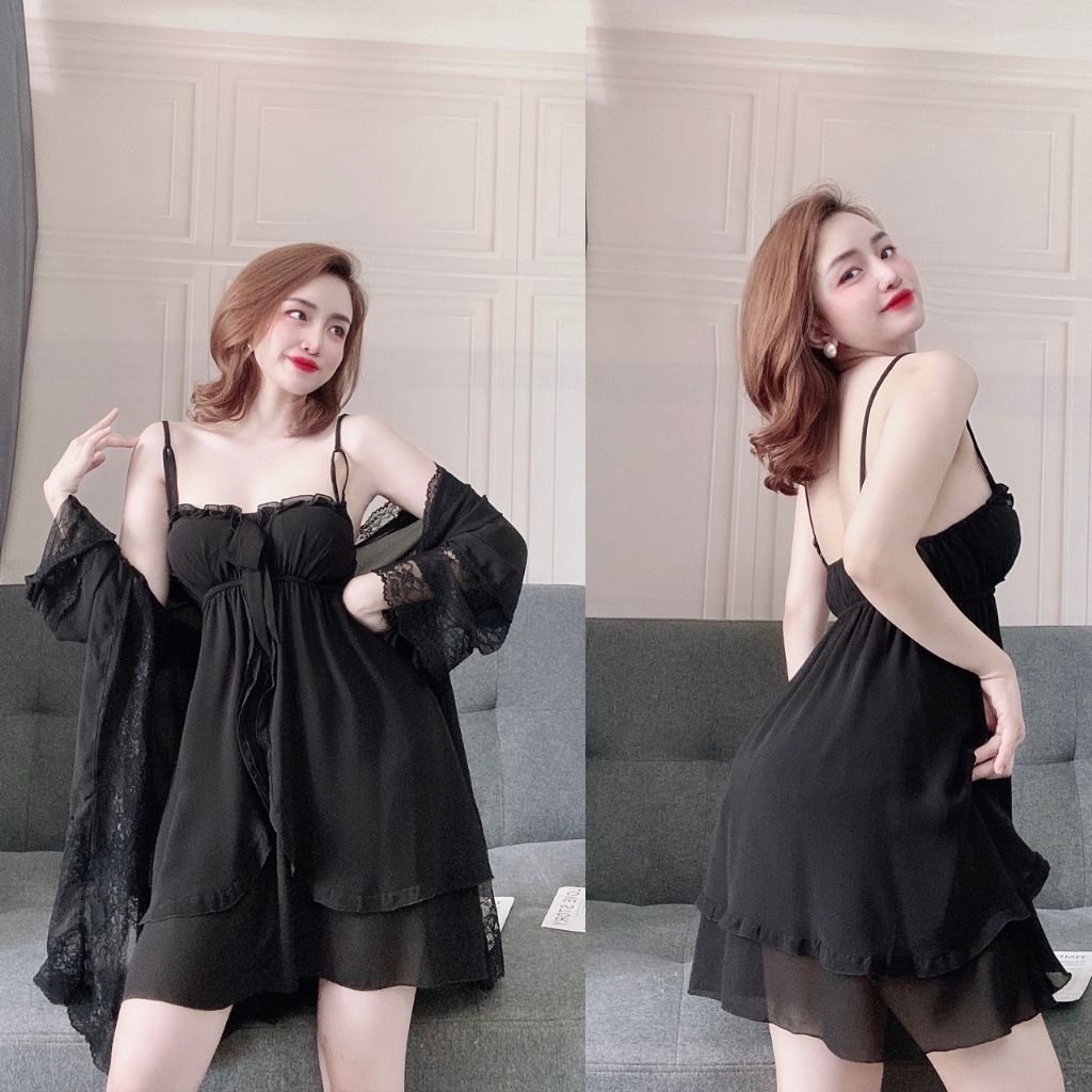 Váy ngủ áo choàng ❣️FREE SHIP❣️ Đầm ngủ sexy lụa Satin Chất Siêu Mát Dáng Siêu Xinh &lt; 63Kg