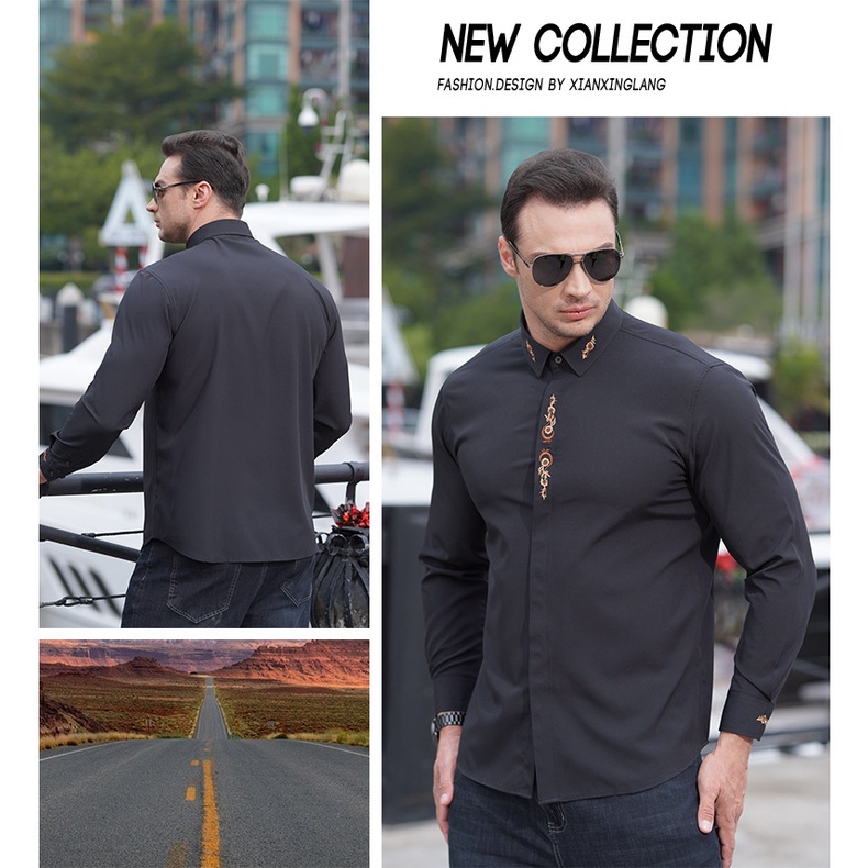 L-10xl Áo Sơ Mi Nam Tay Dài Thêu Họa Tiết Kích Thước Lớn