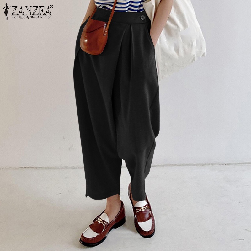 Quần ống rộng ZANZEA lưng thun có dây kéo thời trang cho nữ