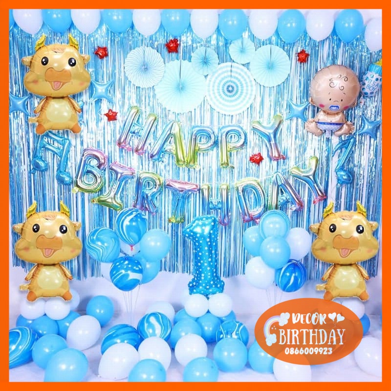 Set Trang Trí Sinh Nhật TUỔI TRÂU Cho Bé Trai, Bóng Y Hình Tặng Kèm Đồ Bơm Băng Dính Bóng