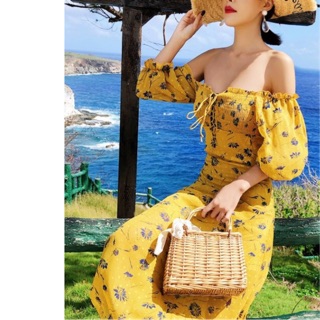 Đầm maxi vàng hoa đen xinh đẹp