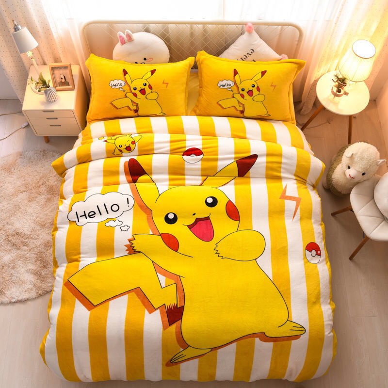 Bộ Chăn Ga Gối Nỉ Nhung 3D Cao Cấp - Pikachu Kẻ