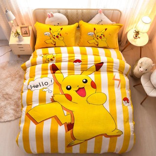 Bộ Chăn Ga Gối Nỉ Nhung 3D Cao Cấp - Pikachu Kẻ