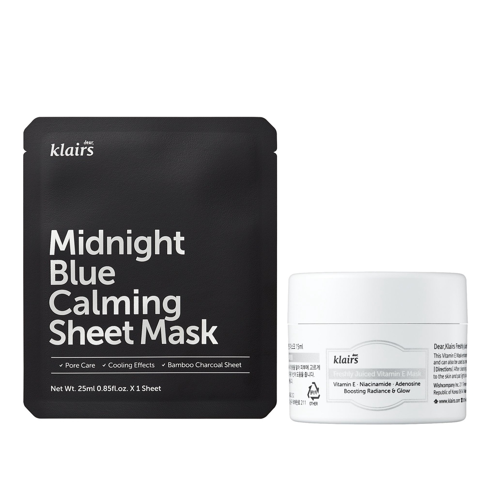 Combo Dear, Klairs Mặt Nạ Freshly Juiced Vitamin E Mask 15ml và Mặt nạ làm dịu da Midnight Blue Calming Sheet Mask 25ml