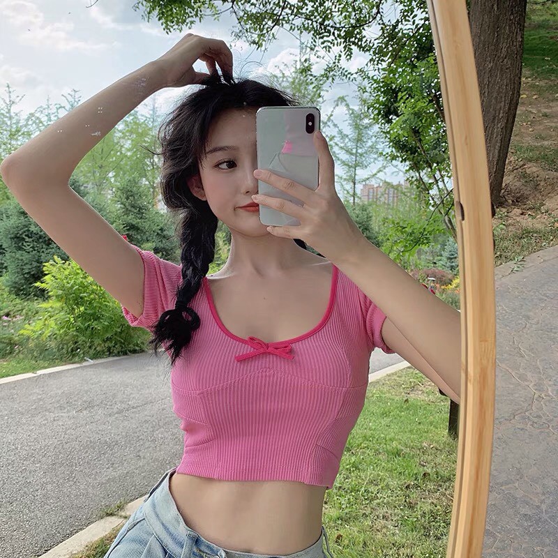 áo croptop thắt nơ hồng dễ thương chất liệu len dệt kim