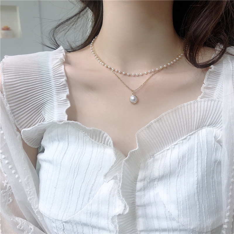 Vòng Cổ Choker Hai Lớp Mặt Ngọc Trai Lãng Mạn Dễ Thương Cho Nữ