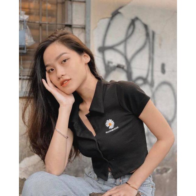 Áo croptop khuy bấm cổ bẻ ullzang dưới 58kg Thêu hoa cúc