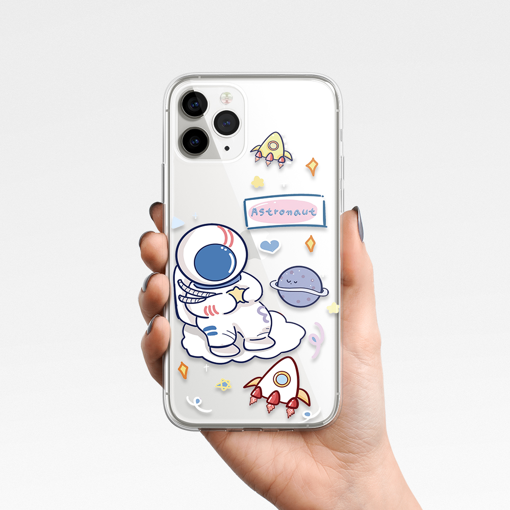 iPhone 12 PRO MAX iPhone 11 pro max iPhone x xr xs max iPhone 8 plus 7 plus SE2020 6 6s Plus space Cartoon spaceman Casing Phone Case Transparent Soft TPU Cover