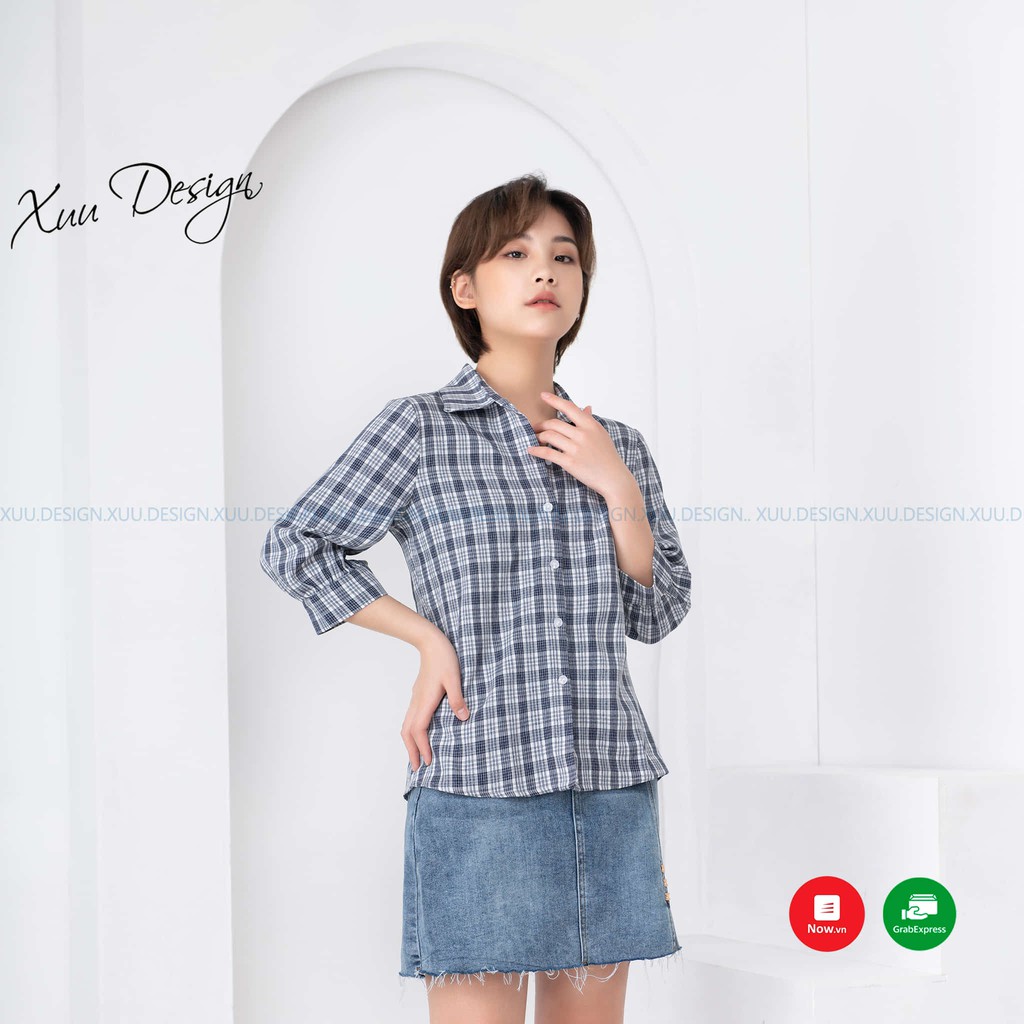 Áo sơ mi nữ kẻ caro Xuu, chất vải kate thiết kế tay lỡ trẻ trung Xu02