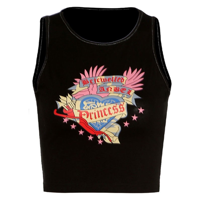 Xiangbao Áo Crop Top Không Tay Ôm Dáng Họa Tiết Truyện Tranh Trái Tim Chữ Vintage Harajuku Mùa Hè Cho Nữ