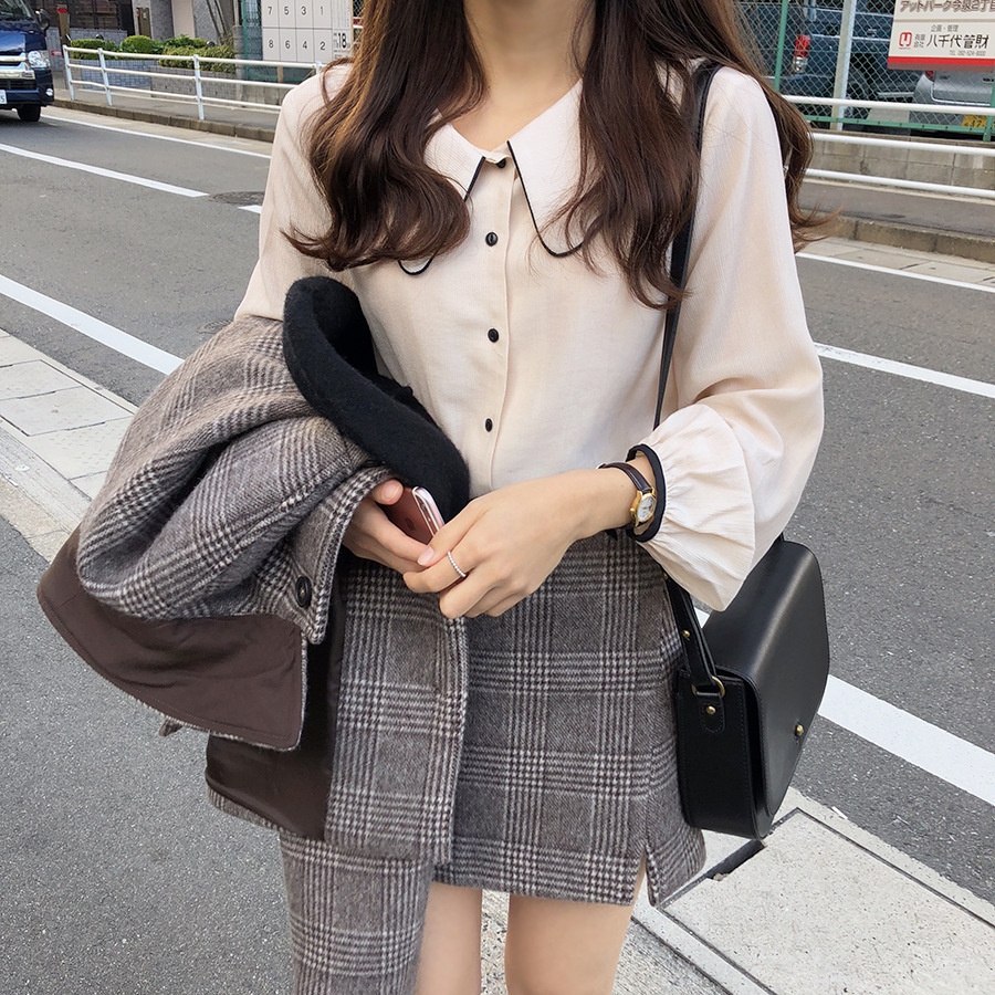 MS254 Áo sơ mi nữ cổ sen phối viền màu vintage