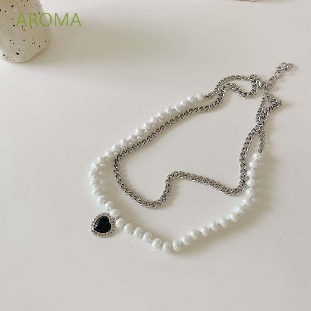 Dây chuyền hai lớp bằng hợp kim đính ngọc trai nhân tạo hình trái tim màu đen phong cách hip hop Hàn Quốc cho nữ