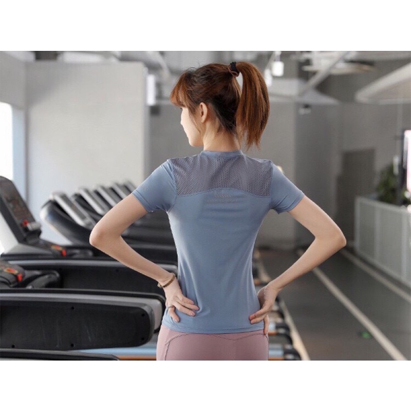 Áo tập gym yoga nữ - áo phông thun cộc tay phối lưới nhẹ thoáng