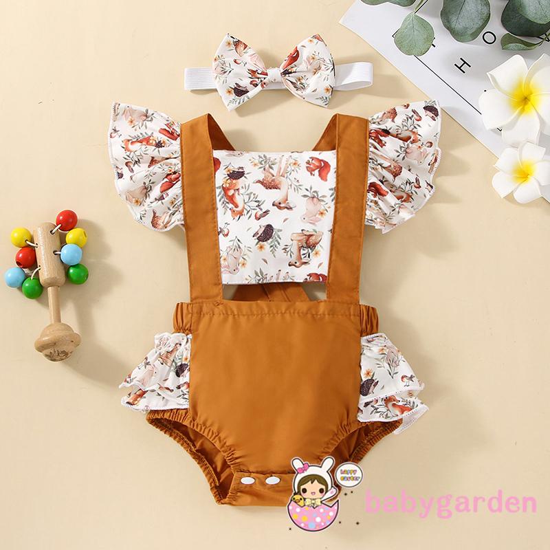 BABYGARDEN-0-12months Baby Girls Romper with Headband,Backless Flying Sleeve Animal Flower Printed Back Cross Straps