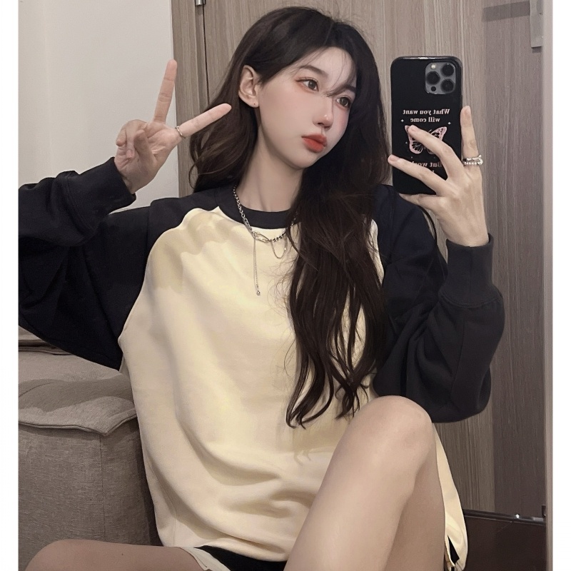 Áo thun sweater ZHELIHANGFEI tay dài dáng rộng màu sắc tương phản cá tính