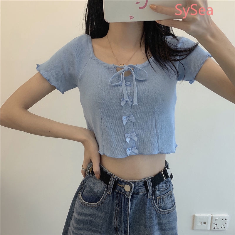 Women's Drawstring Bow Knit Short Sleeve Croptop