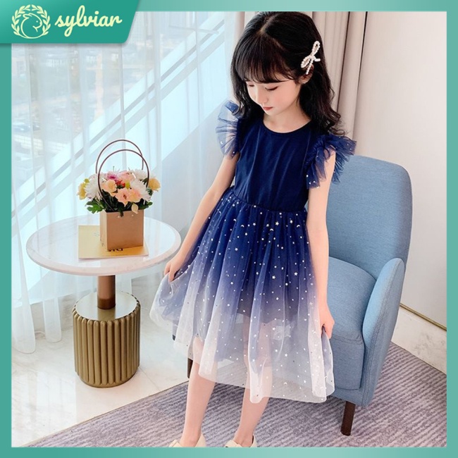 Đầm Công Chúa Tay Phồng Phối Lưới Màu Gradient In Họa Tiết Lấp Lánh Thời Trang Cho Bé Gái