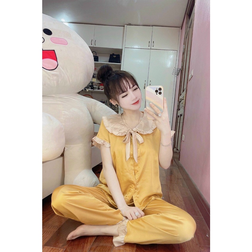 Bộ đồ Pijama lụa mặc nhà họa tiết cộc tay viền bèo
