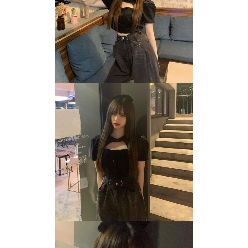 Áo Croptop Màu Đen Dáng Ôm Phong Cách Retro Thời Trang Mùa Hè