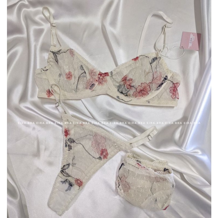 Zizi set- bộ đồ lót lưới nude hoa đỏ, có gọng, không mút | BigBuy360 - bigbuy360.vn