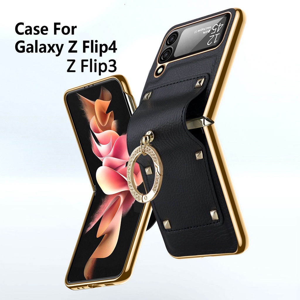 Ốp Điện Thoại Da Kèm Móc Xỏ Ngón Kim Loại Sang Trọng Cho Samsung Galaxy Z Flip 4 Samsung Z Flip 3 4