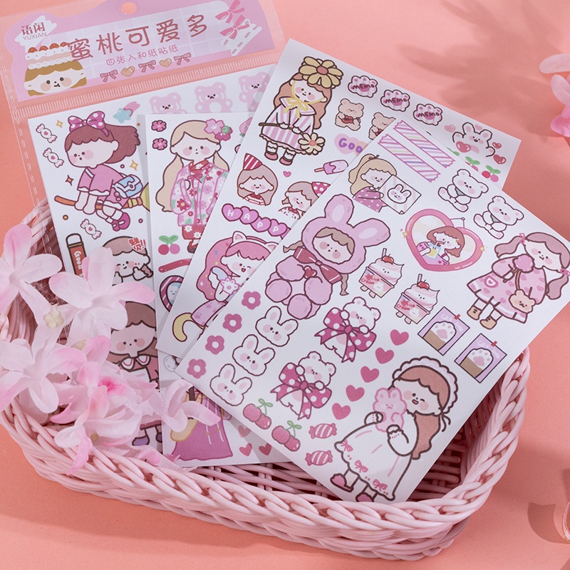 Bộ 4 Miếng Dán 6 Kiểu Nhật Bản Vẽ Tay Họa Tiết Giỏ Trái Cây Xinh Xắn