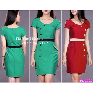 Đầm công sở đính nút phối viền eo d04