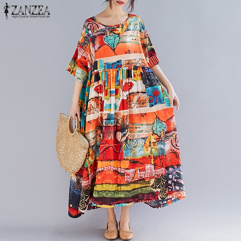 Đầm Maxi ZANZEA Ngắn Tay Dáng Rộng In Họa Tiết Sành Điệu Dành Cho Nữ | BigBuy360 - bigbuy360.vn