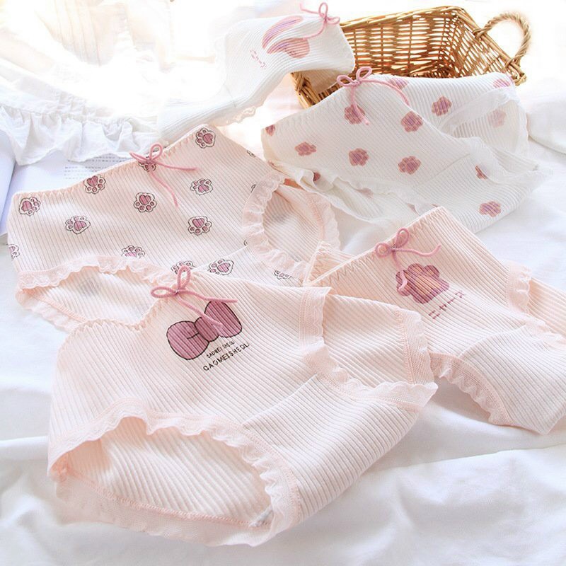 Set 4 Quần Lót Ren Nữ ❤️ FREESHIP ❤Quần Cotton gân tăm ren kháng khuẩn hàng cao cấp -Quần Lót CottonHoạ Tiết Đáng Yêu