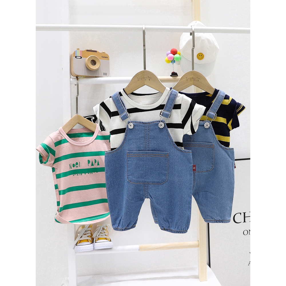 Bộ trang phục 2 món gồm áo cotton ngắn tay và quần denim xinh xắn cho bé trai và bé gái 0-5 tuổi