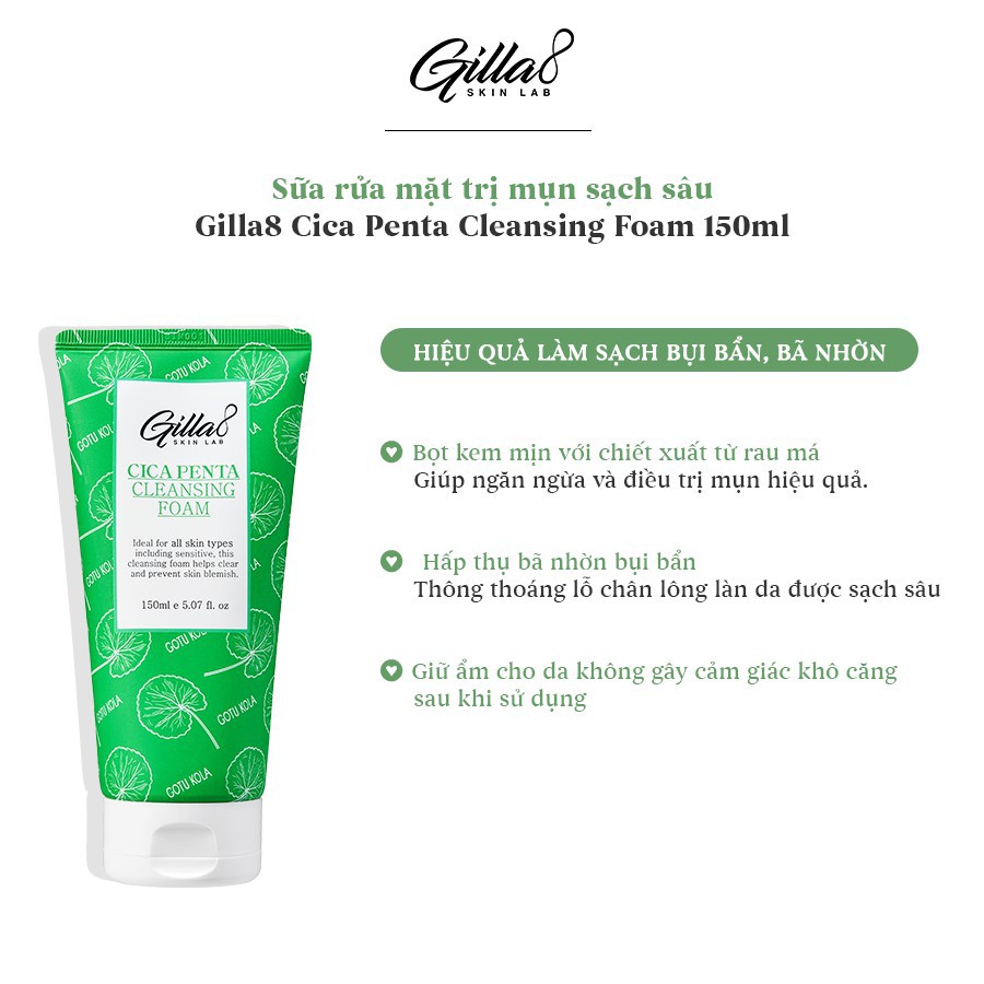 [Mã COS0505 giảm 8% đơn 300K] Sữa Rửa Mặt Gilla8 Cica Penta Cleansing Foam 150ml