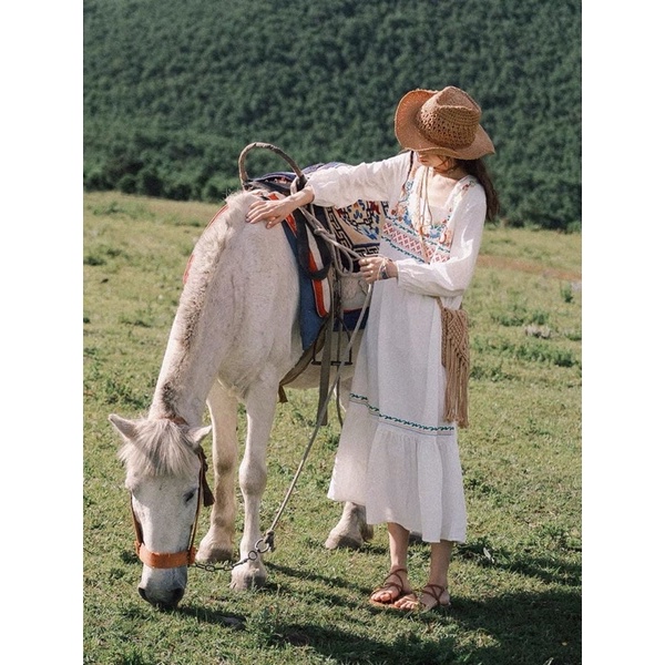 Đầm Thổ Cẩm Vintage Thêu Hoa Mẫu Mới Mã 432 Sẵn Màu Trắng