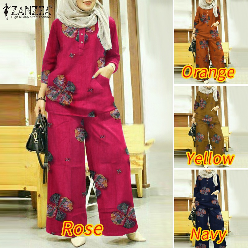 ZANZEA Set Đồ Dài 3/4 In Họa Tiết Hoa Phong Cách Hồi Giáo Cho Nữ