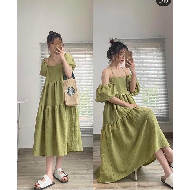 Váy maxi babydoll mặc 4 kiểu form xòe tay rời đính cúc, Váy 2 dây mặc nhiều kiểu