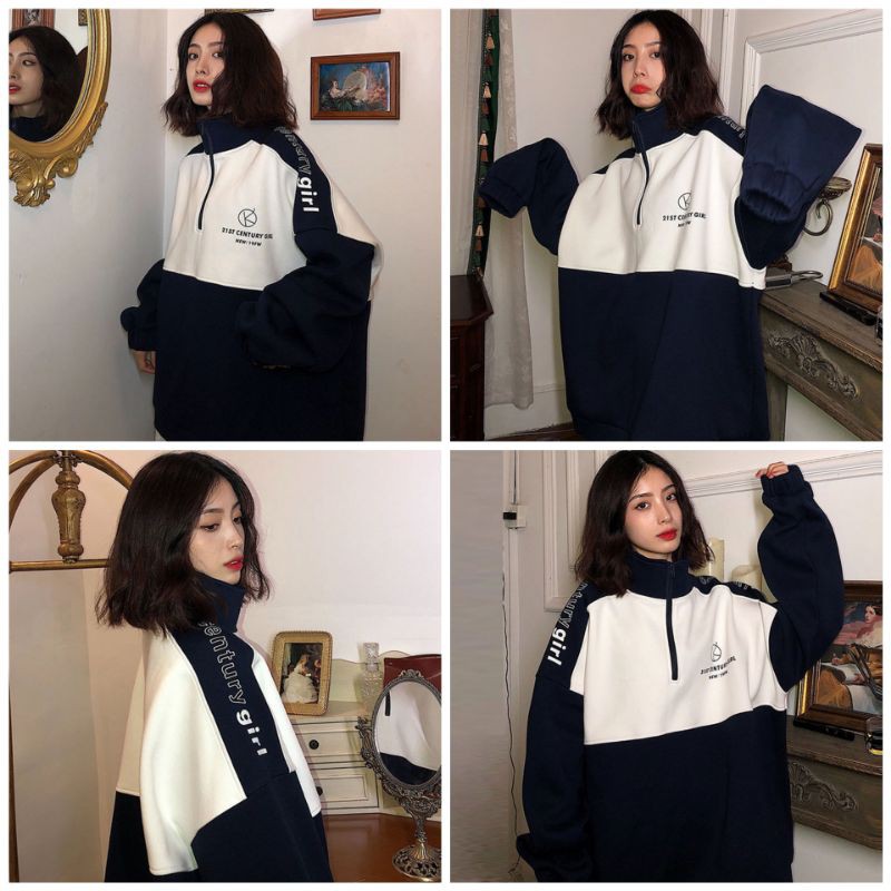 [Order] Áo sweater nỉ da cá dáng rộng trắng và xanh than màu cá tính dáng rộng cổ cao kéo khóa ulzzang (ảnh thật)