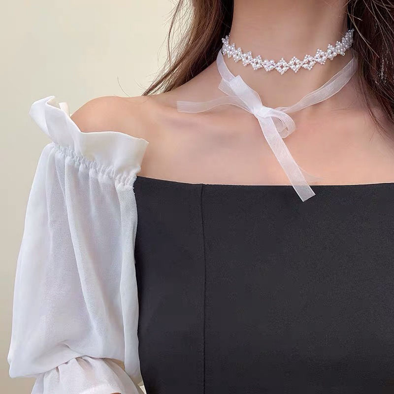 Vòng cổ dây ruy băng đính ngọc trai