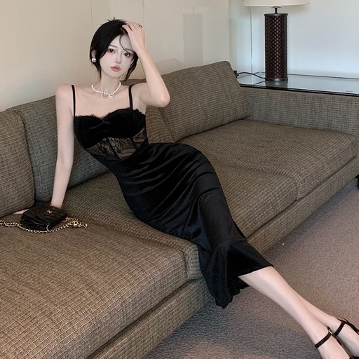 Đầm Hai Dây Ôm Dáng Phối Ren Màu Đen Quyến Rũ Thời Trang Phong Cách Hàn Quốc Cho Nữ
