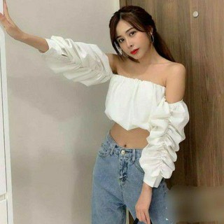 Áo crop trễ vai tay nhún kèm ảnh thật