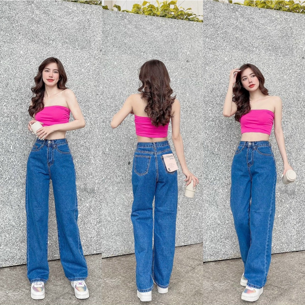 310 Quần jean nữ ống rộng lưng cao phong cách Ulzzang năng động, chất bò dày dặn thoải mái khi mặc