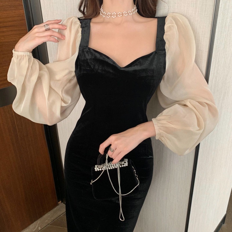 IELGY IELGY Đầm Nhung Đen Cổ Chữ v Phong Cách Hong Kong Thời Trang Cho Nữ