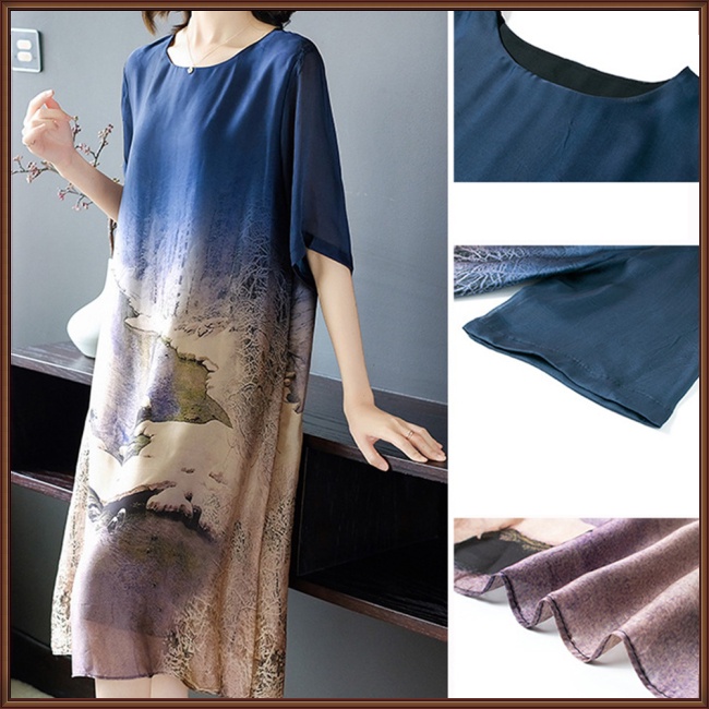 Đầm Tay Ngắn Dáng Rộng Bằng Lụa Mát Mỏng In Họa Tiết Thời Trang Xinh Xắn Cho Nữ