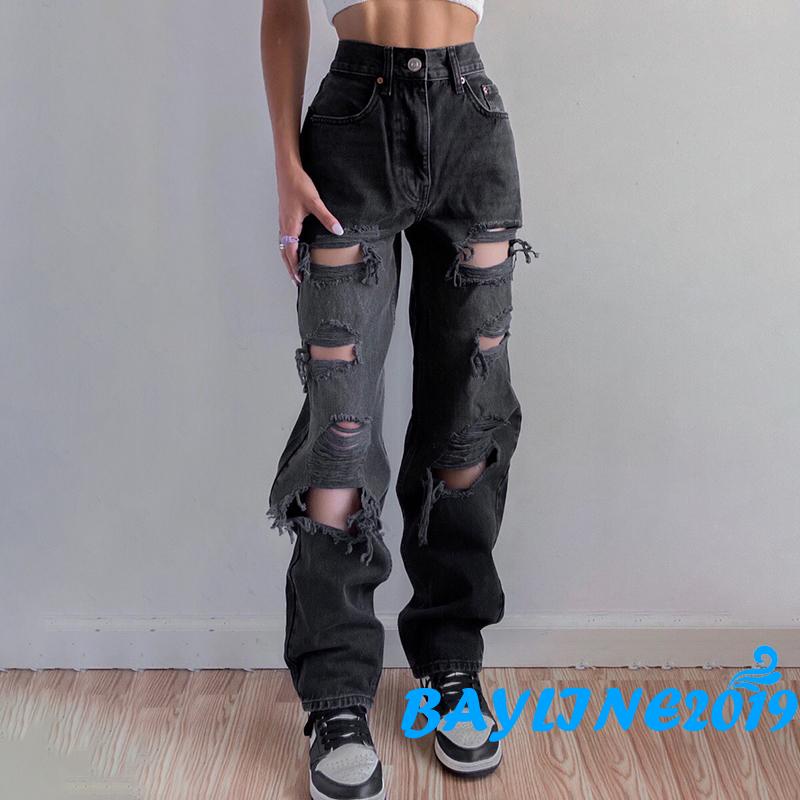 Quần jeans lưng cao phối vết rách gối màu đen cá tính cho nữ