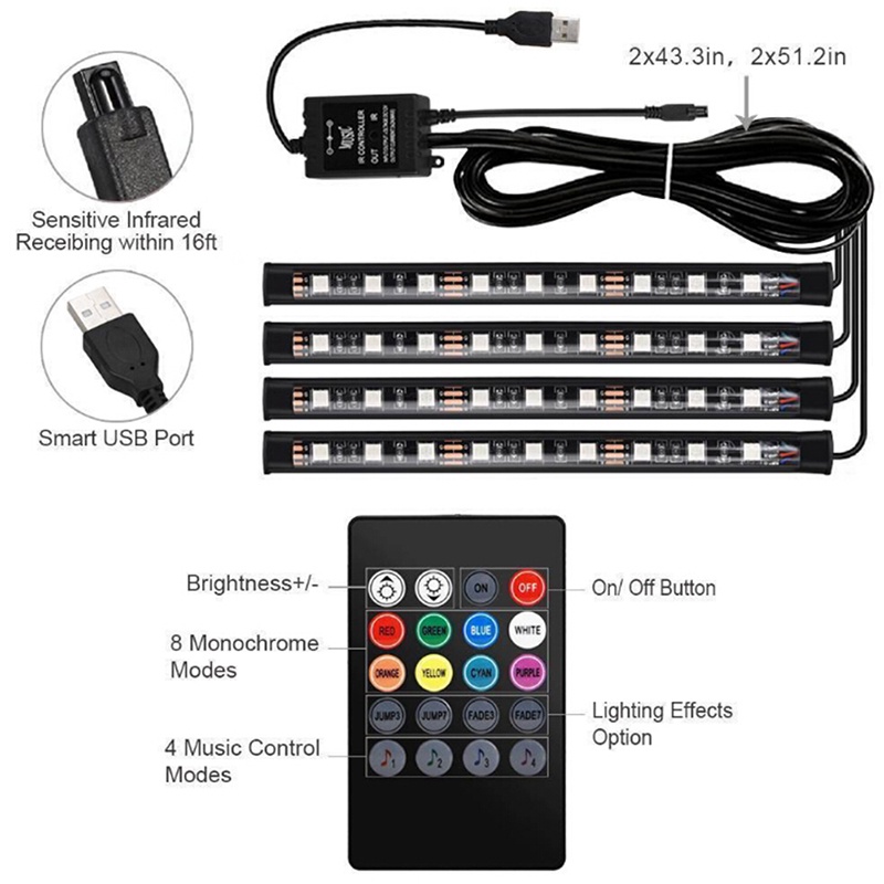 Bộ 4 Dải Đèn Led Rgb 9 Bóng Cổng Sạc Usb Trang Trí Nội Thất Xe Hơi