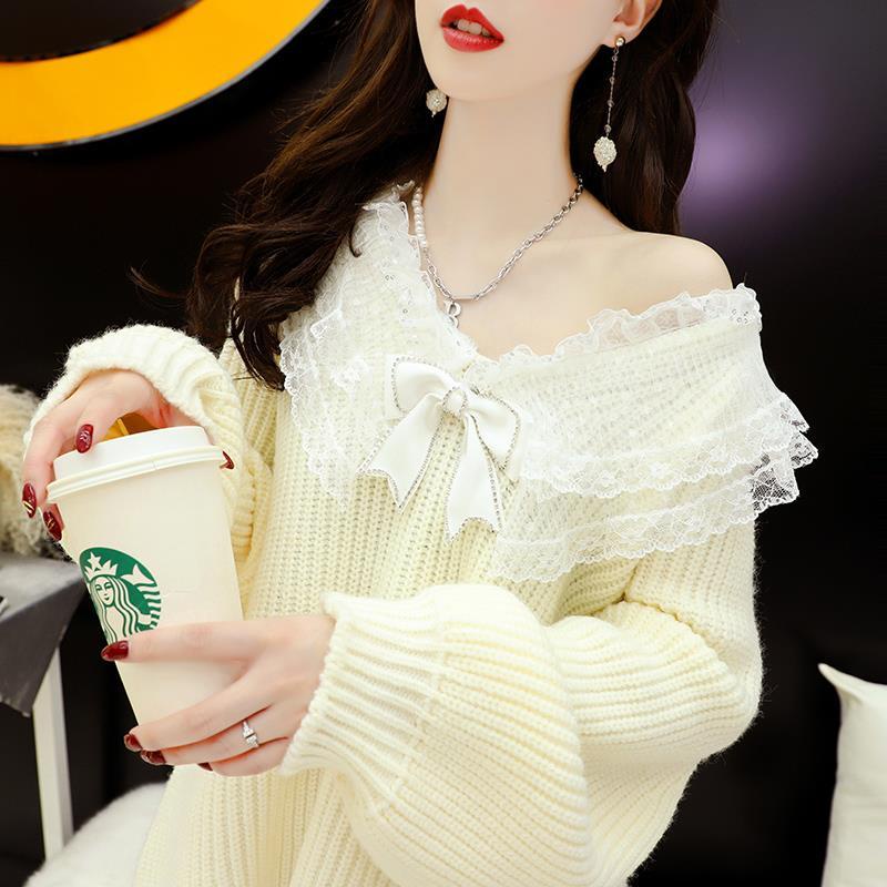 Áo sweater cổ chữ V phối ren thiết kế mới dành cho nữ 2021