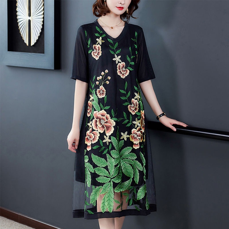 Đầm Tay Lửng Cổ Chữ V Phối Lưới Thêu Họa Tiết Xinh Xắn Thời Trang Mùa Hè 200 Jin Cho Nữ